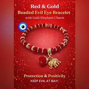 Red Evil Eye Beaded Bracelet with Gold Elephant Charm